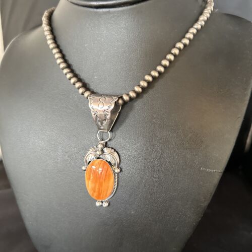 Navajo Orange Spiny Oyster Pendant Necklace | Sterling Silver | Authentic Native American Handmade | 14685
