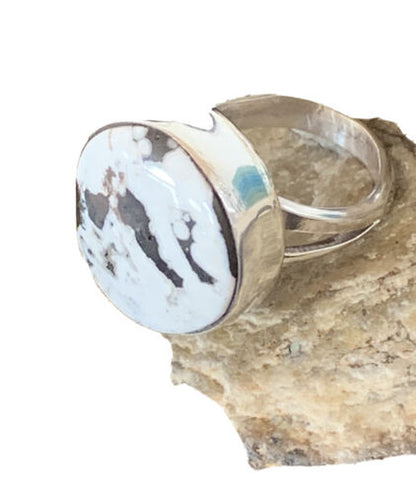Navajo White Buffalo Turquoise Ring | Sterling Silver | Sz 7 | Authentic Native American Handmade | 01821