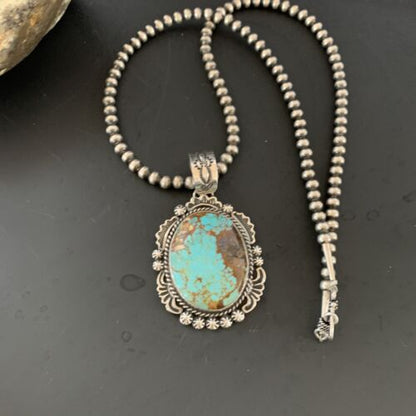 Navajo Pearls Necklace with Blue Turquoise #8 Pendant | Sterling Silver | Authentic Native American Handmade | 11312