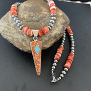 Navajo Pearls Sterling Silver Necklace | Opal Red Spiny Oyster Inlay Pendant | Authentic Native American Handmade | 11322