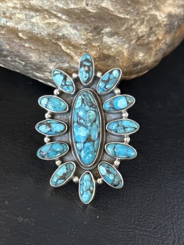 Navajo Blue Turquoise Cluster Ring | Authentic Native American Sterling Silver | Multi-Stone | Sz 6.5 | 14227