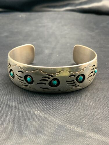 Navajo Turquoise Shadow Box Bear Paw Bracelet | Sterling Silver | Authentic Native American Handmade | 4610