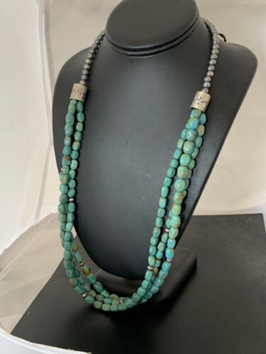 Navajo Royston Turquoise Necklace | 3 Strand | Sterling Silver | Authentic Native American Handmade | 494