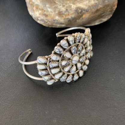 Navajo White Buffalo Turquoise Cluster Cuff Bracelet | Sterling Silver | Authentic Native American Handmade | 12102