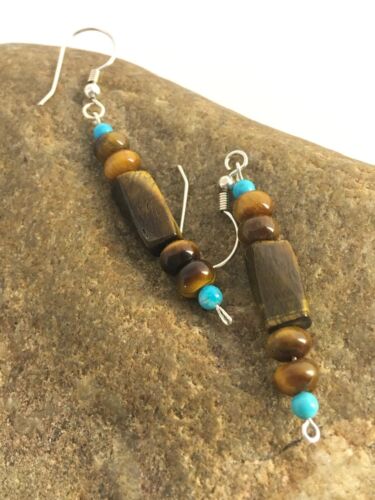 Navajo Turquoise & Tiger's Eye Earrings | Sterling Silver | Authentic Native American Handmade | 8863