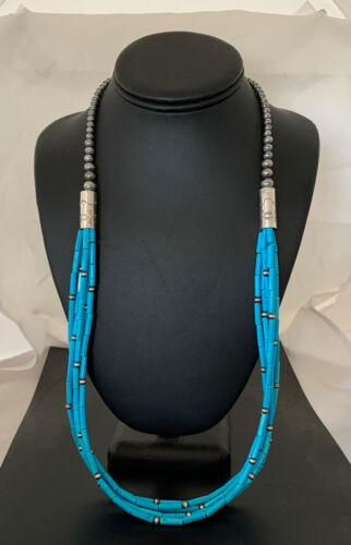 Southwestern Sterling Silver Blue Tube Turquoise Necklace | 5-Strand | 29" | 00830
