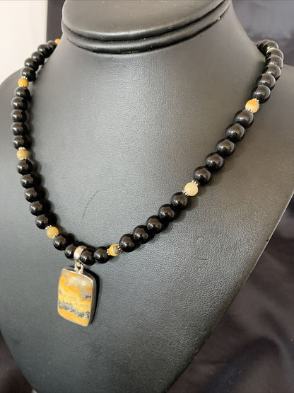 Men's Navajo Pearls Onyx Bumblebee Jasper Necklace Pendant | Sterling Silver | Native American Handmade | 10327