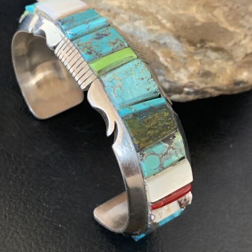 Men's Navajo Turquoise Spiny Coral Inlay Bracelet | Sterling Silver | Authentic Native American Handmade | 12693