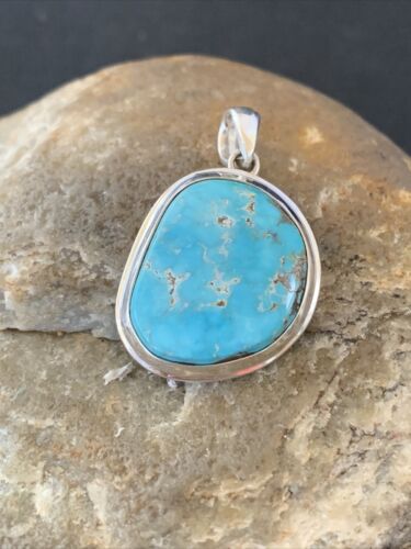 Navajo Blue Bisbee Turquoise Pendant | Sterling Silver | 1.5" | Authentic Native American Handmade | 1623