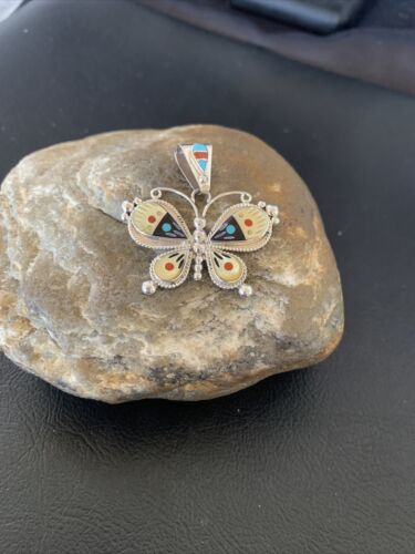 Zuni Blue Turquoise Coral Mother of Pearl Butterfly Inlay Pendant Necklace | Sterling Silver | 11969