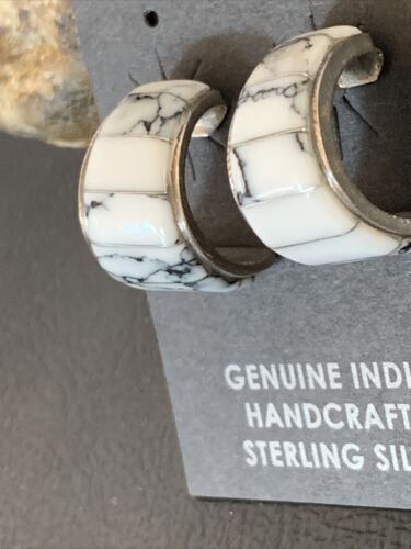 Navajo White Buffalo Turquoise Inlay Earrings | Sterling Silver | 0.50" | Authentic Native American Handmade | 12997