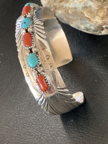 Navajo Blue Kingman Turquoise Coral Cuff Bracelet | 7 Strand | Sterling Silver | 12315
