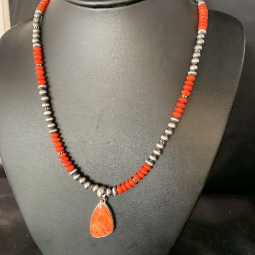 Native American Navajo Red Apple Coral Pendant Necklace | Sterling Silver Naja | 13944