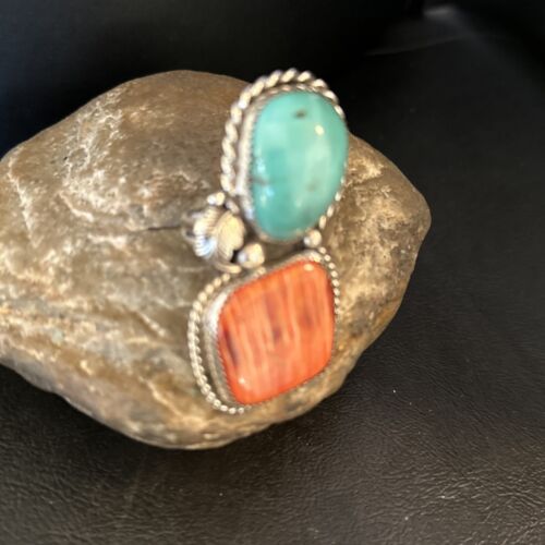 Navajo Turquoise Spiny Oyster Ring | Authentic Native American Sterling Silver | Multi-Stone | Sz 8.5 | 14490