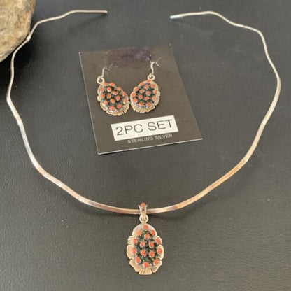 Navajo Sterling Silver Red Coral Cluster Pendant Earrings Set | Authentic Native American Handmade | 02155