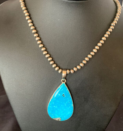 Navajo Pearls Blue Kingman Turquoise Necklace Pendant | Sterling Silver | Authentic Native American Handmade | 11810