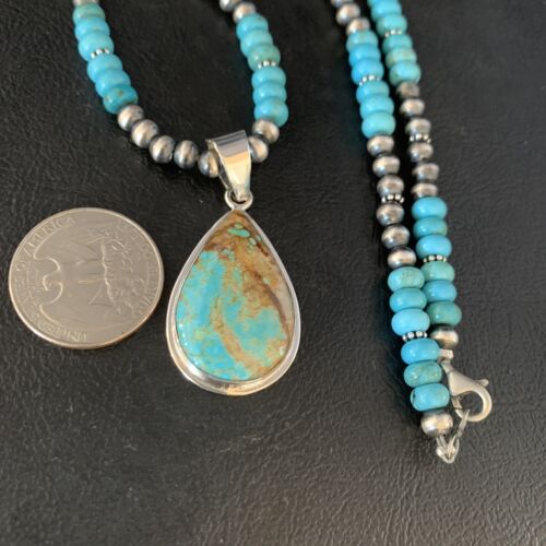 Navajo Blue Turquoise Pendant Necklace | Sterling Silver | Authentic Native American Handmade | 13828