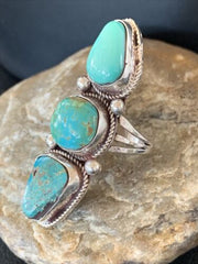 Navajo Sterling Silver Turquoise Ring | Authentic Native American Multi-Stone | Sz 11 | Blue Green | 2125