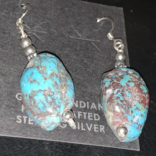 Navajo Turquoise Bead Nugget Earrings | Sterling Silver Pearls | 1" | Authentic Native American Handmade | 12891