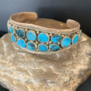 Navajo Blue Kingman Turquoise Cuff Bracelet | 2 Row | 16 Stone | Sterling Silver | Authentic Native American Handmade | 12691