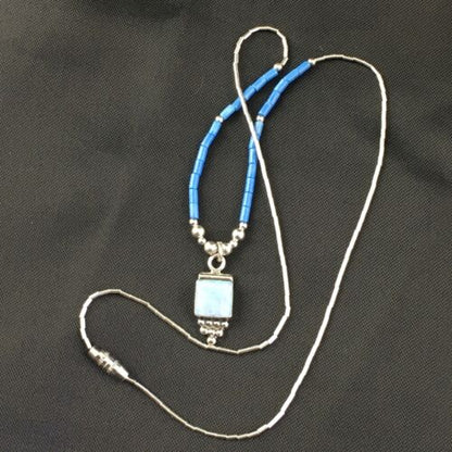 Children's Lapis Beads Sterling Heishi Necklace | Opal Pendant | 15" Chain | 10130