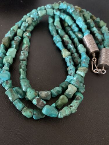 Navajo Green Turquoise Bone Bead Necklace | 3 Strand | Sterling Silver | 01992