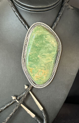 Men's Green Royston Turquoise Bolo Tie | 4" | Sterling Silver | Navajo | Authentic Native American Handmade | 14521