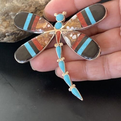 Zuni Wild Horse Turquoise Inlay Dragonfly Pin Pendant | Sterling Silver | 2077