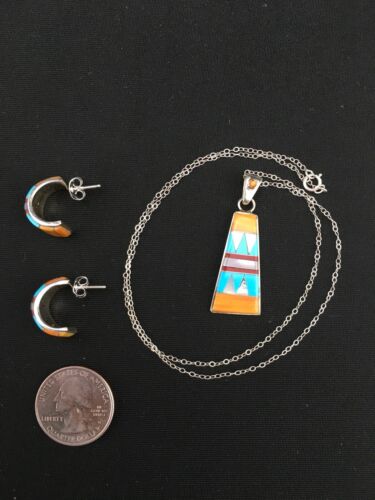 Navajo Multi-Stone Inlay Pendant Necklace & Earrings Set | Sterling Silver | Authentic Native American Handmade | 4741