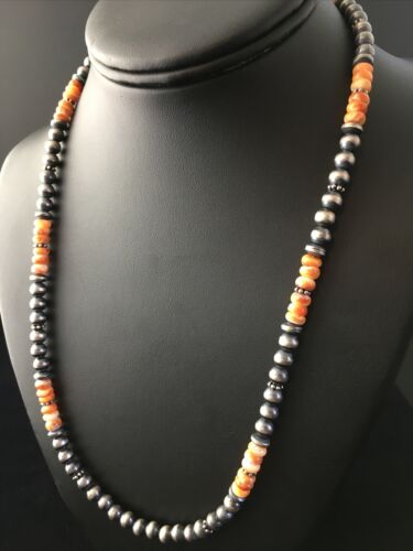 Authentic Navajo Sterling Silver Orange Spiny Oyster Necklace | 21" | Single Strand | Native American Jewelry | 1767