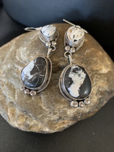 Womens Navajo White Buffalo Turquoise Sterling Silver Dangle Earrings 2.5" 12157