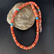 Navajo Turquoise & Red Spiny Oyster Graduated Necklace | Sterling Silver | Authentic Native American | 22" | 13516