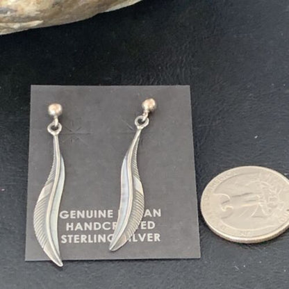 Old Pawn Southwestern Sterling Silver Dangle Feather Earrings | 1" | 12988
