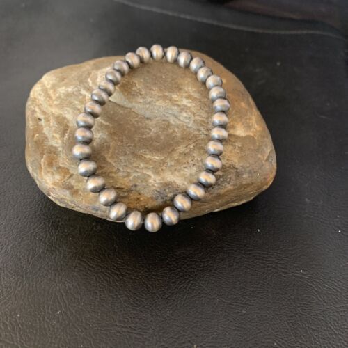 USA Stretchable Navajo Pearls 6mm Beads 7” Sterling Silver Bracelet 14184