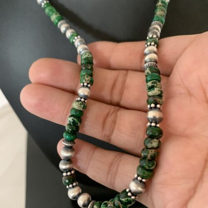 Navajo Green Turquoise Bead Necklace | Sterling Silver | 22" | Authentic Native American Handmade | 02040