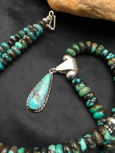 Navajo Spiderweb Turquoise Bead Necklace Pendant | Sterling Silver | Authentic Native American Handmade | 2796