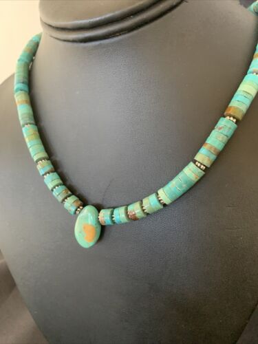 Navajo Green Turquoise Heishi Necklace | Sterling Silver | 22" | Authentic Native American Handmade | 11814