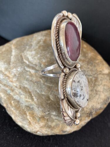 Navajo White Buffalo Turquoise & Spiny Oyster Multi-Stone Ring | Authentic Native American Sterling Silver | Sz 9 | 307