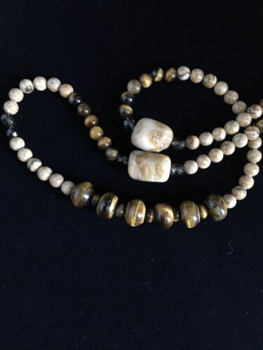 Women's Graduated Tigers Eye & Picture Jasper Necklace | Sterling Silver | Authentic Native American | 21"