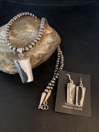 Navajo White Buffalo Turquoise Pendant | Sterling Silver Dangle Earrings | Authentic Native American Handmade | 14100