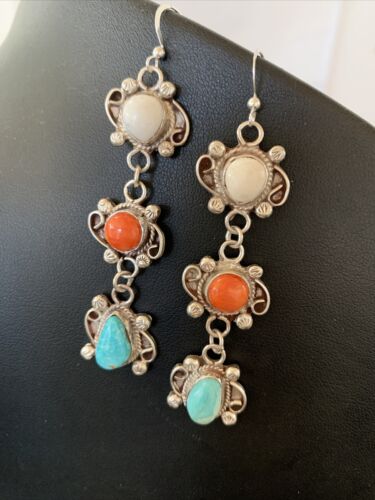 Navajo Spiny, Turquoise & Howlite Dangle Earrings | Sterling Silver | Authentic Native American Handmade | 1574