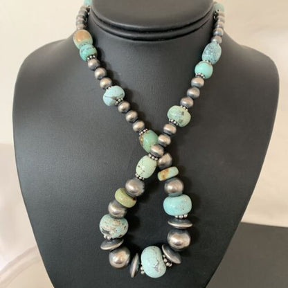 Sterling Silver Navajo Pearls Necklace | Dry Creek Turquoise Beads | Native American Handmade | 21" | 1386