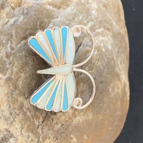 Zuni Blue Turquoise White Opal Butterfly Necklace Pin Pendant | Sterling Silver | 11972