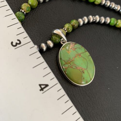 Navajo Pearl Necklace with Green Mojave Turquoise Pendant | Sterling Silver | 11757