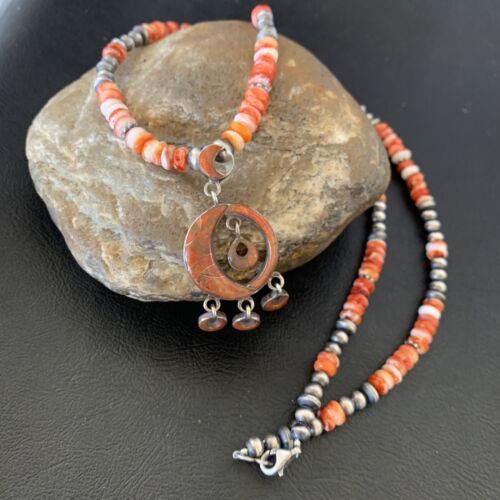 Navajo Pearl Necklace with Red Apple Coral & Spiny Oyster Pendant | Sterling Silver Inlay | 12371