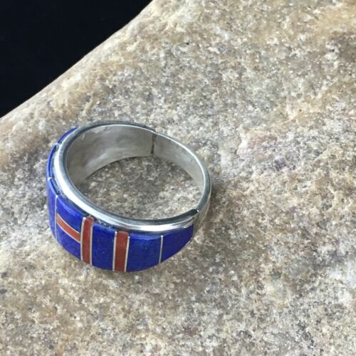 Navajo Multi-Stone Lapis Coral Inlay Ring | Sterling Silver | Sz 9.75 | Authentic Native American Handmade | 10102