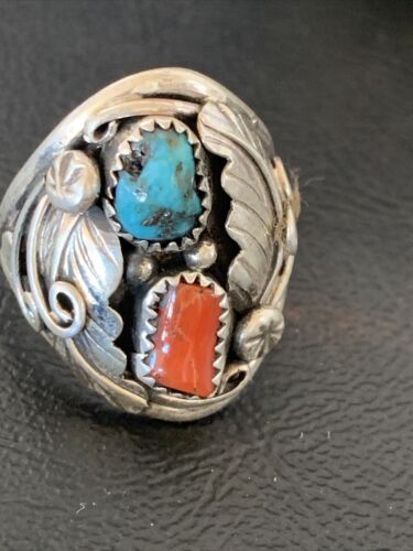 Navajo Blue Kingman Turquoise & Coral Feather Ring | Authentic Native American Sterling Silver | Multi-Stone | Sz 10 | 12218