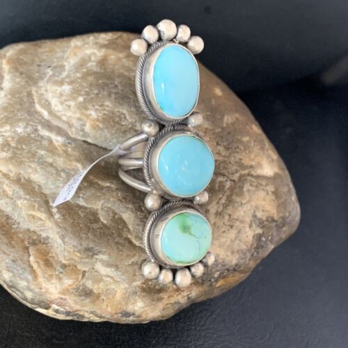 Navajo Blue Sonoran Gold Turquoise Multi-Stone Ring | Authentic Native American Sterling Silver | Sz 7 | 14064
