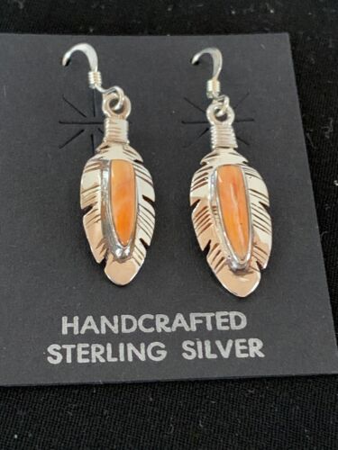 Navajo Orange Spiny Oyster Feather Earrings Set | Sterling Silver | Authentic Native American Handmade | 2741