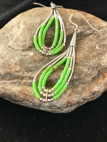 Navajo Green Gaspeite Earrings | Sterling Silver Liquid Heishi Dangle | 2.25" | Authentic Native American Handmade | 2021